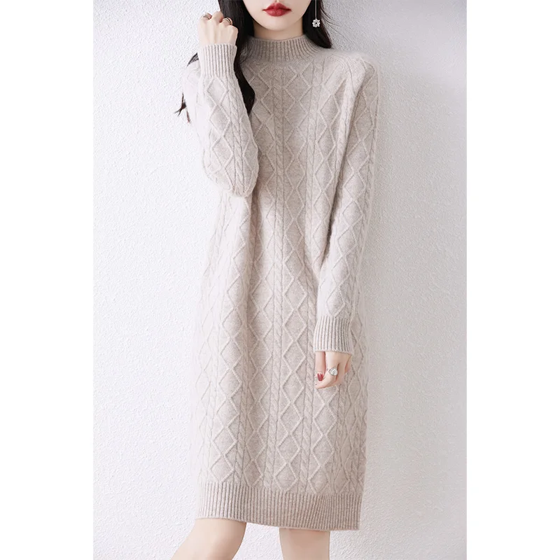 100% Wool Dress For Women 2023 Autunm/Winter Cashmere Thick Sweaters Hot Sale Long Style 5Colors Jumpers DR01