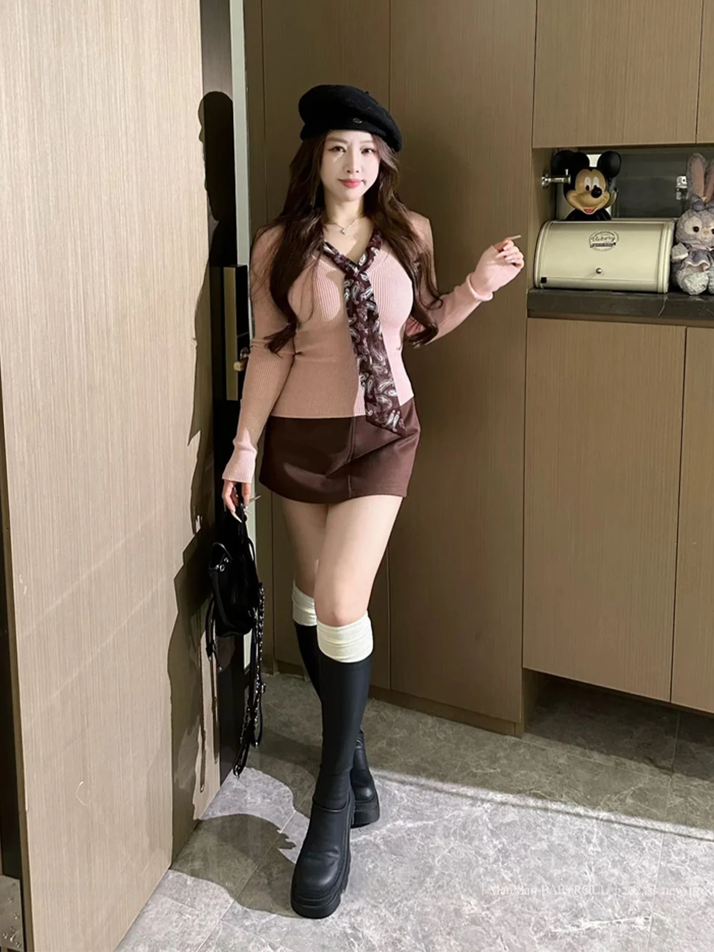 

Корейский вязаный свитер с V-Ne, женский осенне-зимний облегающий базовый топ, мягкий розовый, с нежной лентой, длинный свеч, повседневная одежда