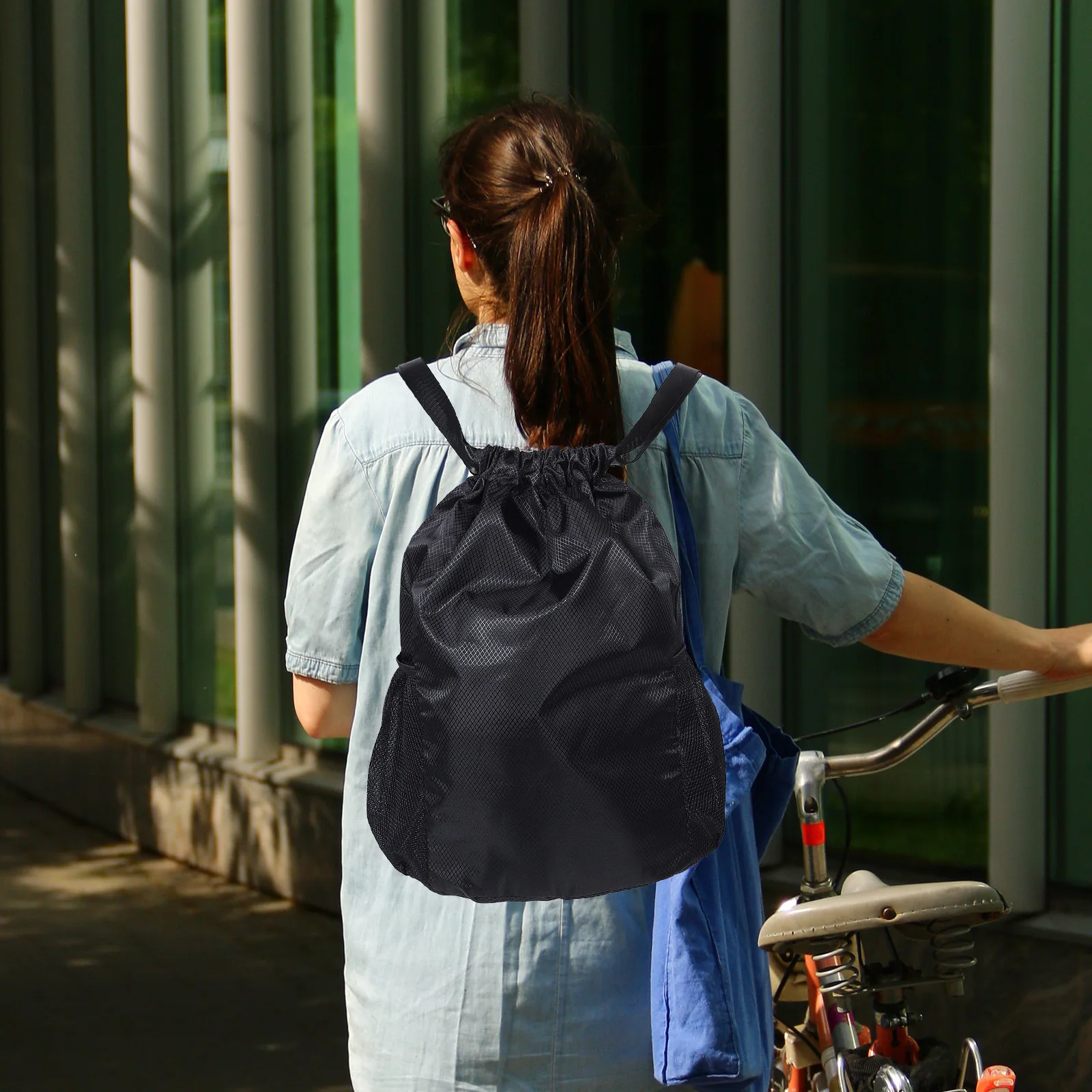 Large Capacity Travel Gym Backpack Black Lightweight Drawstring Sack For Sports Beach Camping Outdoor Minimalist Dual