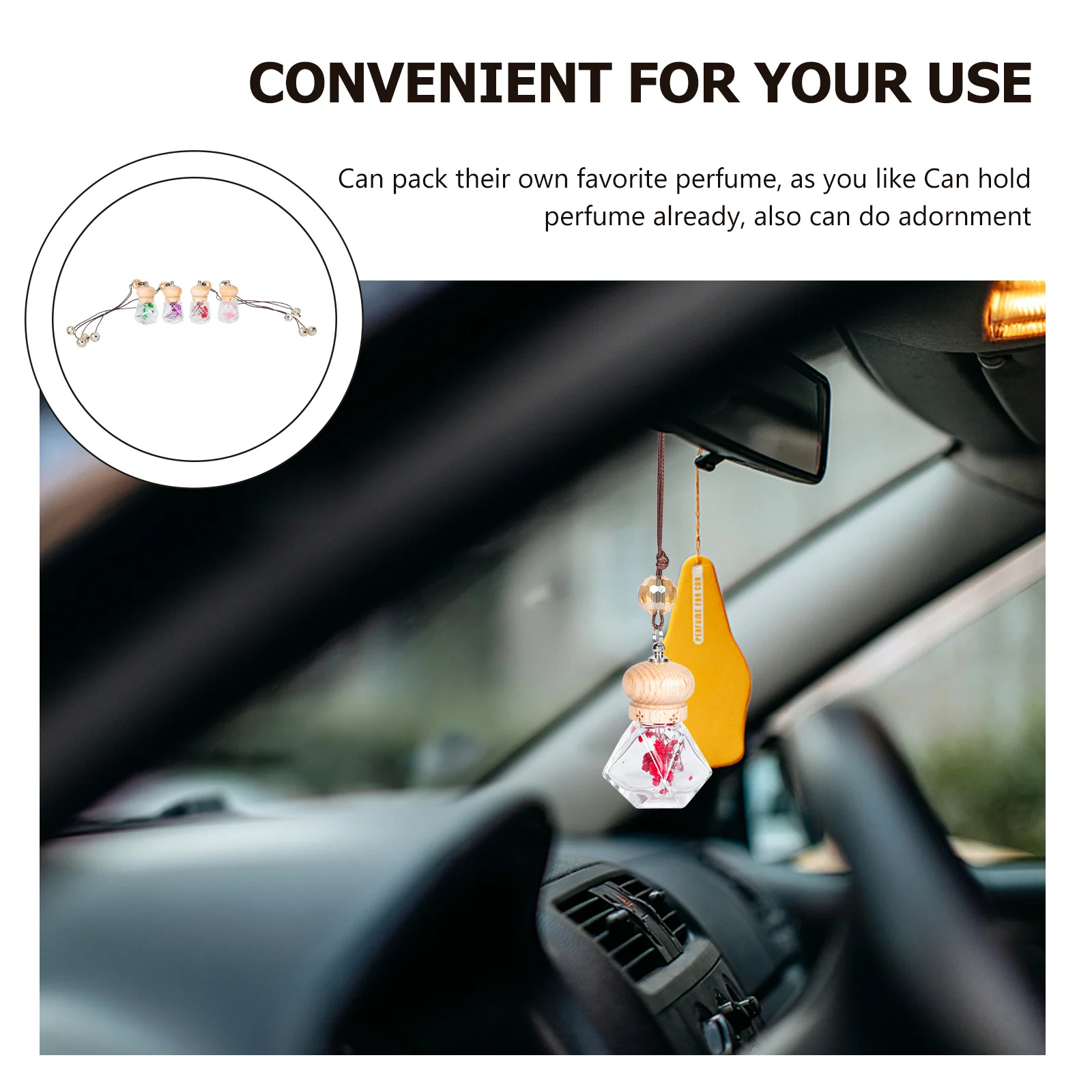 

4pcs Car Pendant Refillable Glass Bottle For Car Interior Auto Aromatherapy Decor Essential Oil Holder Rearview Mirror Accessory