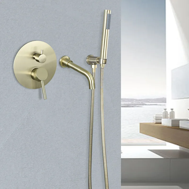 Matte Black Bathroom Bathtub Faucet Wall Mount Golden Plated 2 Ways Brush Gold  Mixer Shower Set 