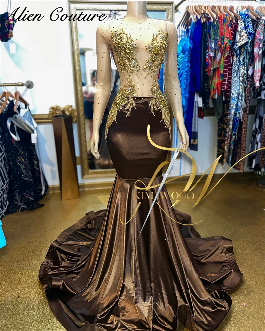 

Elegant Long Mermaid Prom Dress Beading Gold Crystal Rhinestone Birthday Dress Women 2024 Evening Gown Long Sleeves