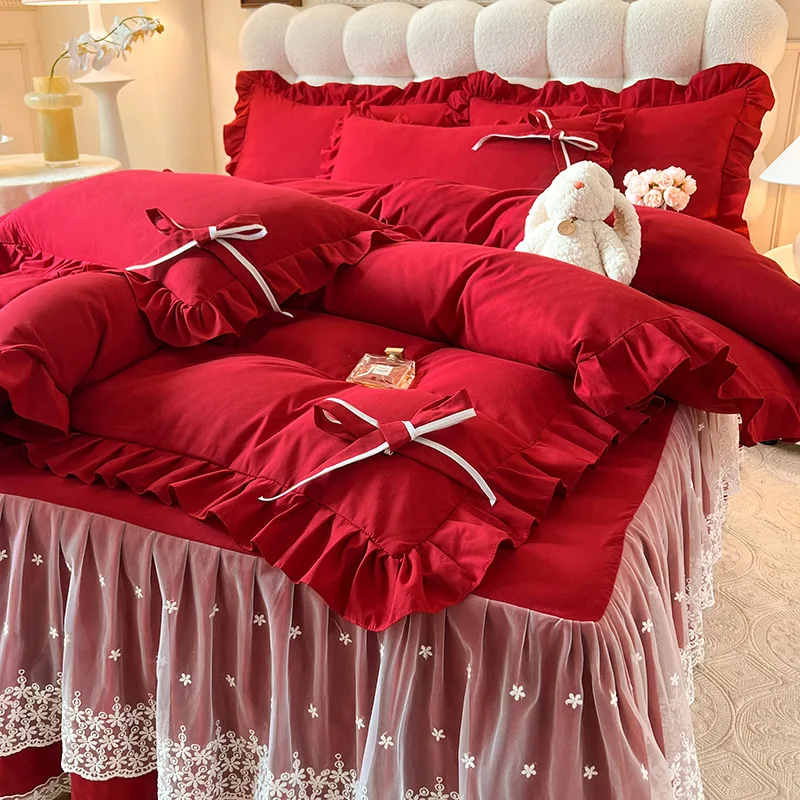 

Korean Princess Bow Lace Ruffle Red Bedding Set Duvet Cover 220x240 Bed Linen 160x200 Queen King Sheets Double Comforter Euro Xl