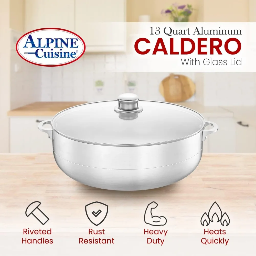 Alpine Cuisine Pentola Caldero in alluminio da 13 litri con coperchio in vetro, cottura al forno olandese Prestazioni con distribuzione uniforme del calore, perfetta