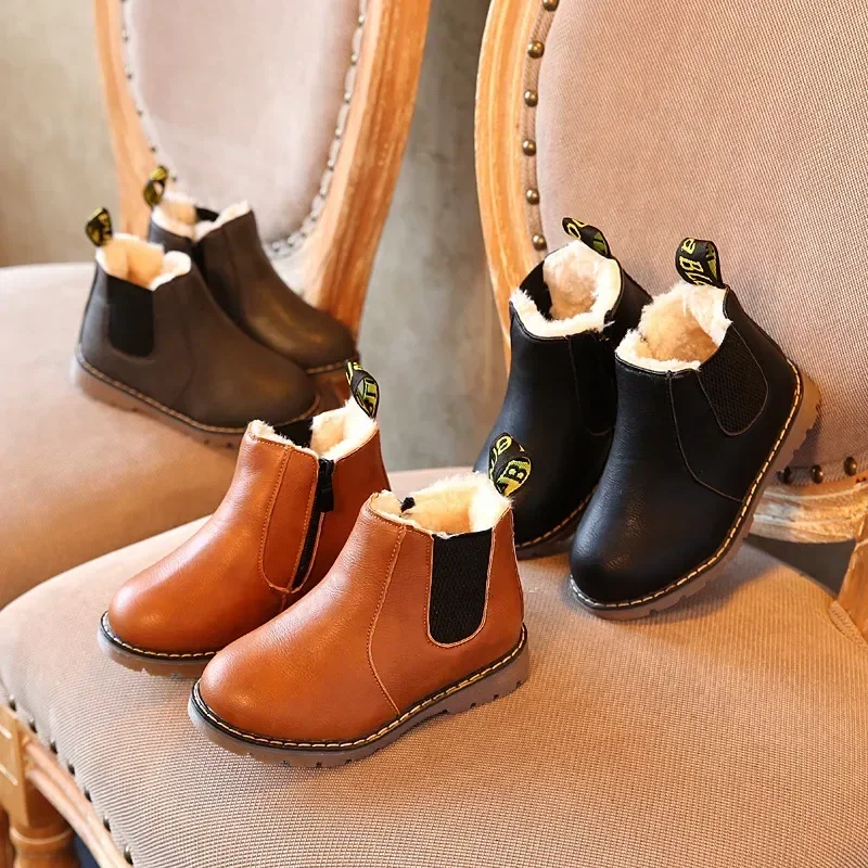 

New Kids Fashion Boots for Boys Girls Toddlers Big Children Ankle Boots with Zipper Warm Thick Plush Autumn Winter Chelsea Boots