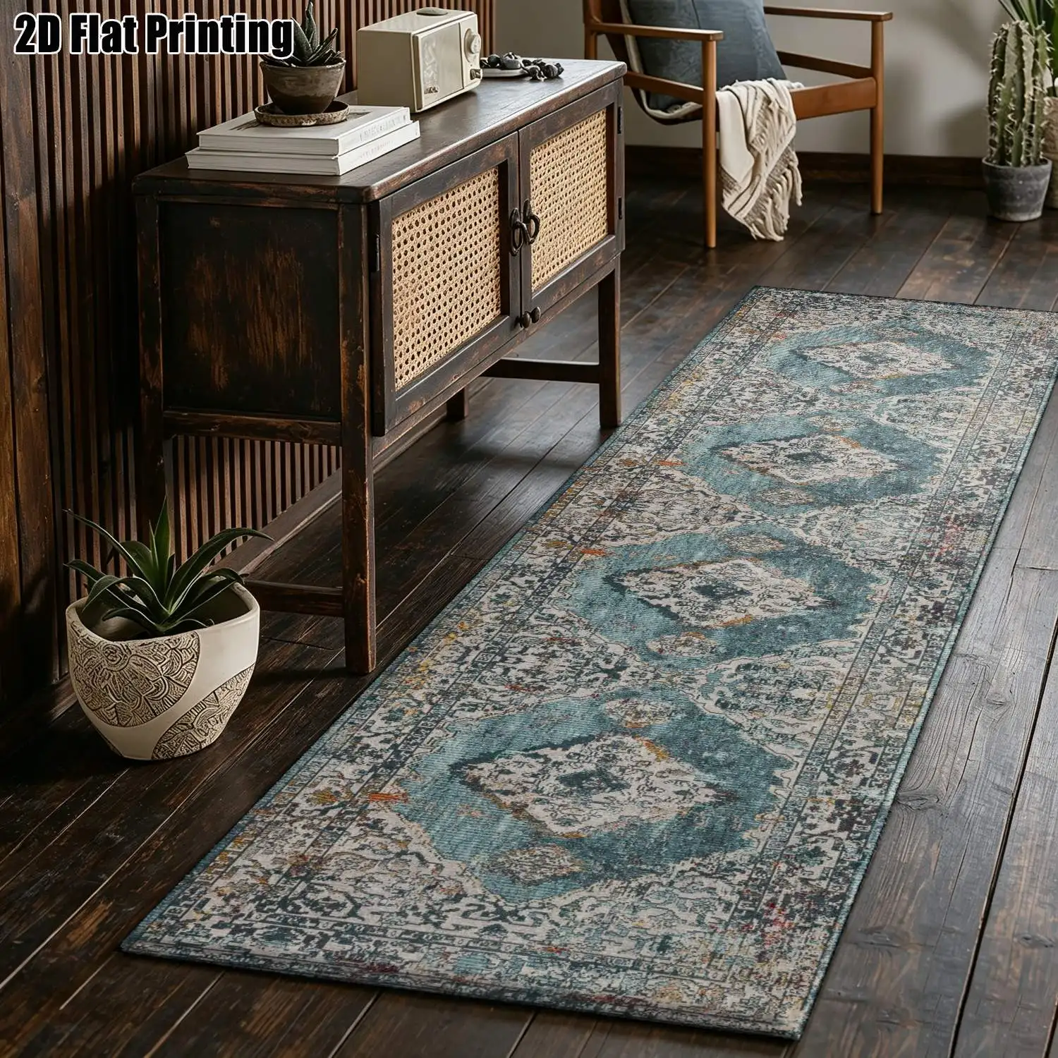 1Pc 2D Printed Blue-Grey Geometric Diamond Long Strip Runner Carpet Nordic, Modern Minimalist, European, Retro Styles, Machine Washable, Multi-Size, Home Decor Suitable for Entrance, Hallway, Living Room, Bedroom.