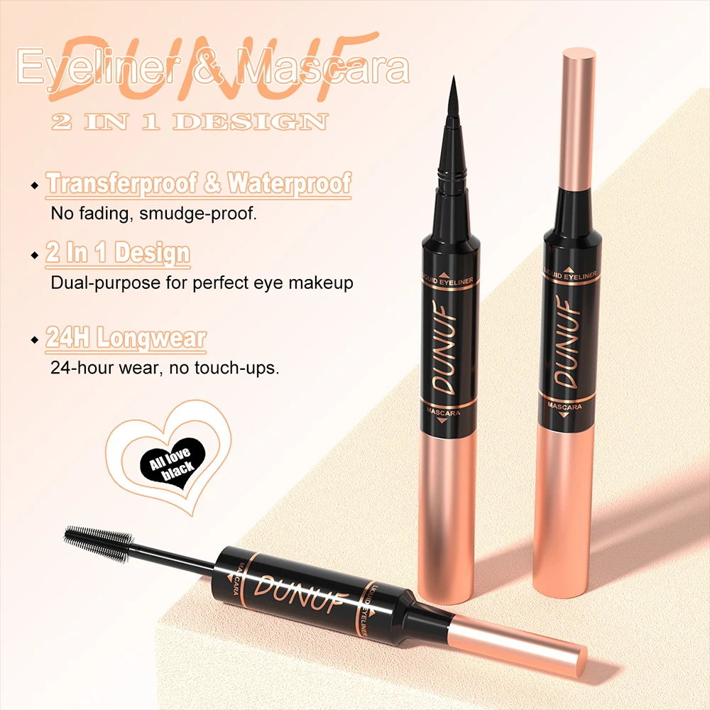 DUNUF ماسكارا مفردة + محدد عيون 2 في 1 محدد عيون طويل الأمد مقاوم للماء ومقاوم للعرق مع تجعيد طويل وحجم