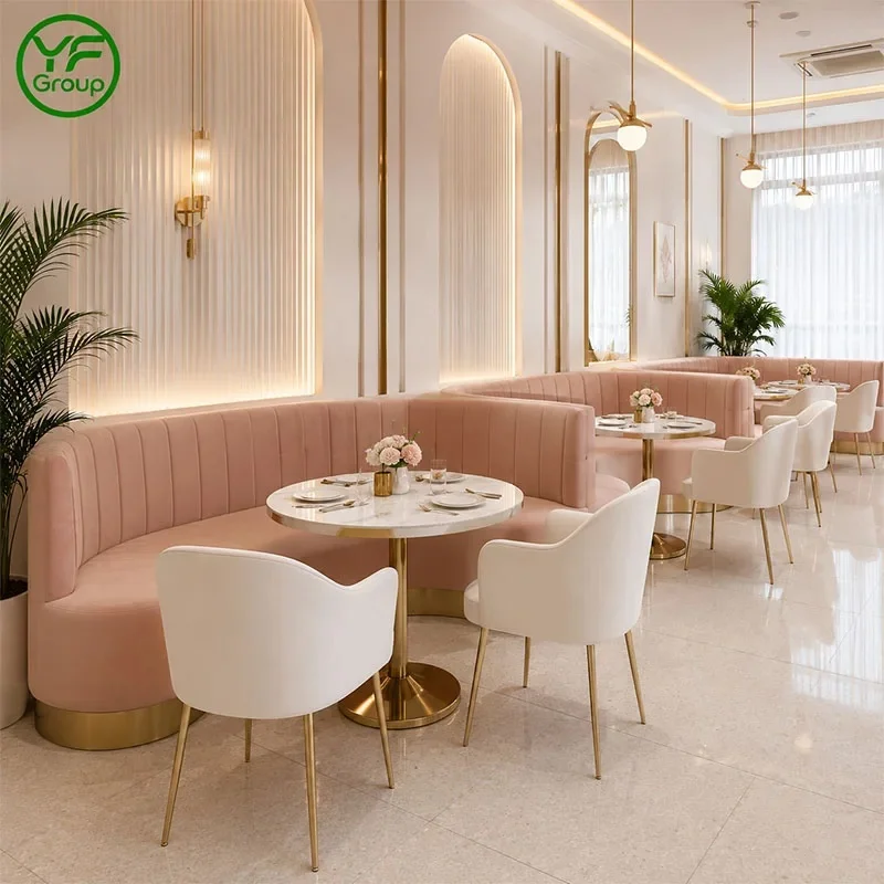 Factory Custom Restaurant Furniture Stainless Steel Base pink Velvet Fabric Booth Seating for Bistro Hotel
