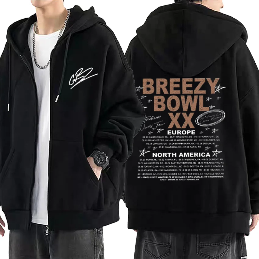 

Hot Chris Brown Tour Breezy Bowl XX Double Sided Printed Hoodie Coat Men Women vintage Hip Hop Zip Up Jacket fashion streetwear