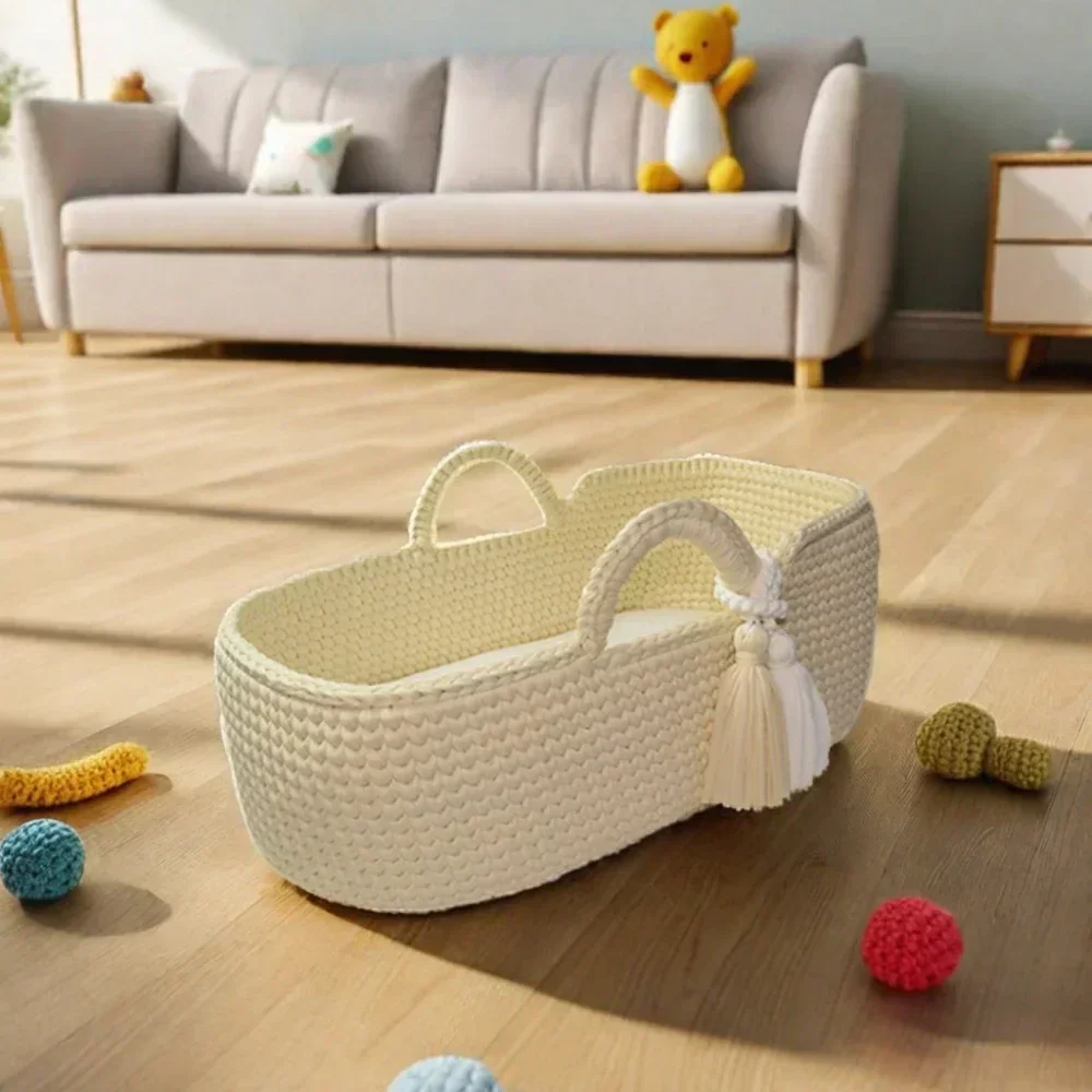 2024 Custom Made Moses Basket Crochet Baby Changing Basket with Woven Mattress Knit Baby Cradle Storage Style-Rope Material