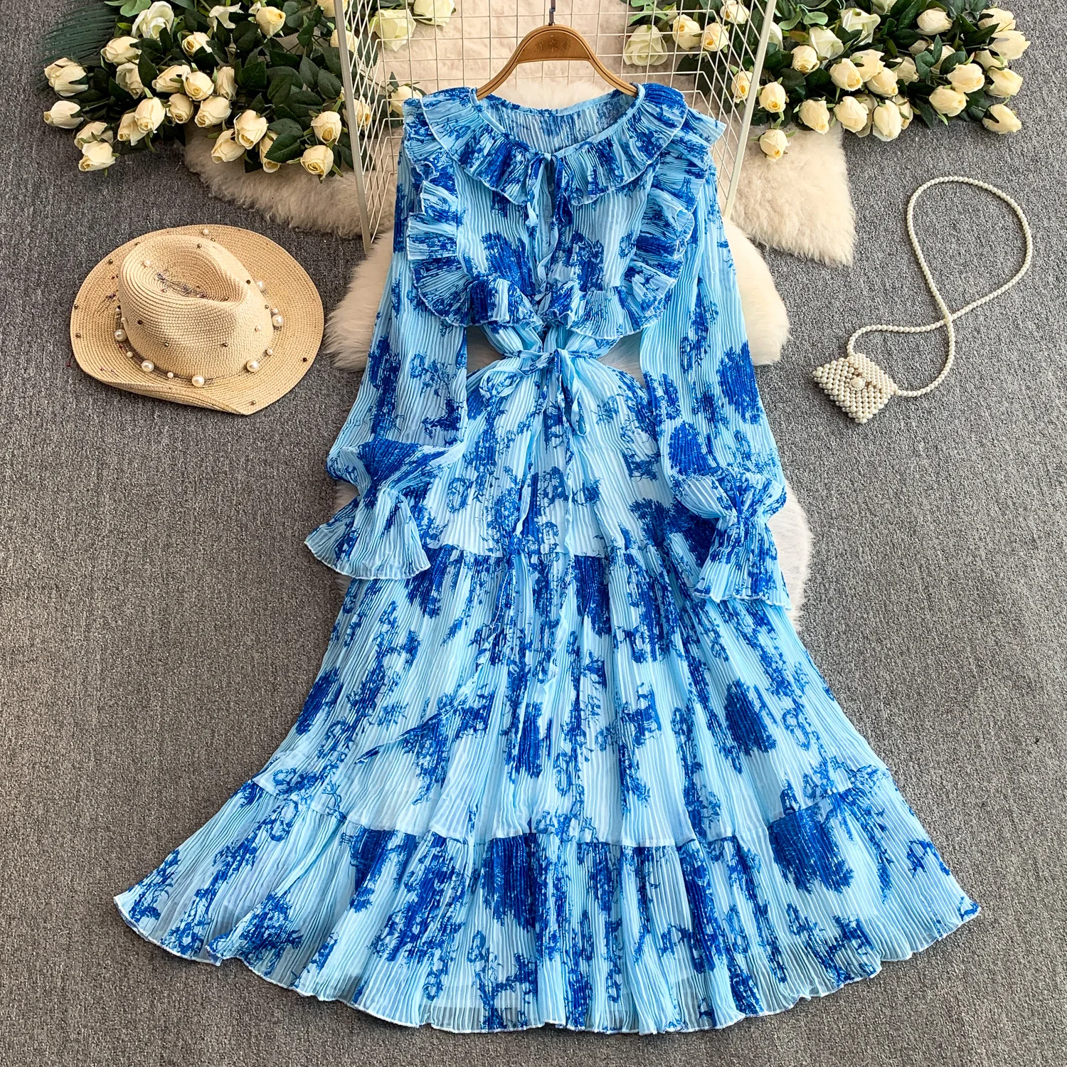 

Элегантное платье с длинными рукавами и расклешенными рукавами с принтом, корейское модное вечернее платье, осеннее женское платье трапециевидной формы