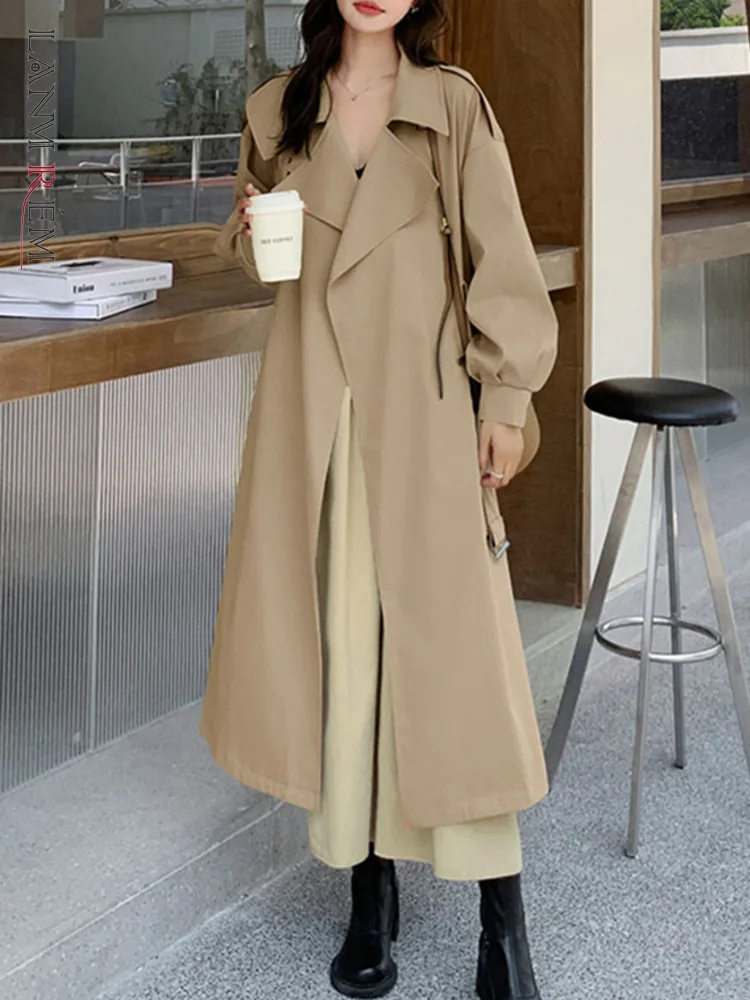 LANMREM Spring Korean Style Women Long Trench Coat Lapel Belt Gathered Waist Solid Color Windbreaker 2024 New Clothing 2AA4965