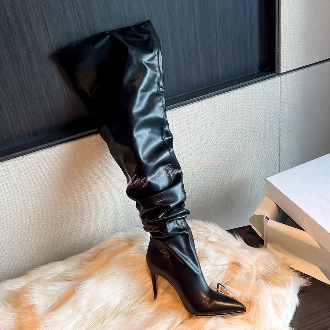 Pleated Thigh High Boots Solid Leather Pointy Toe Stiletto Heels Big Size Boots Women Sexy Style Shoes Winter Party Slip On Shoe