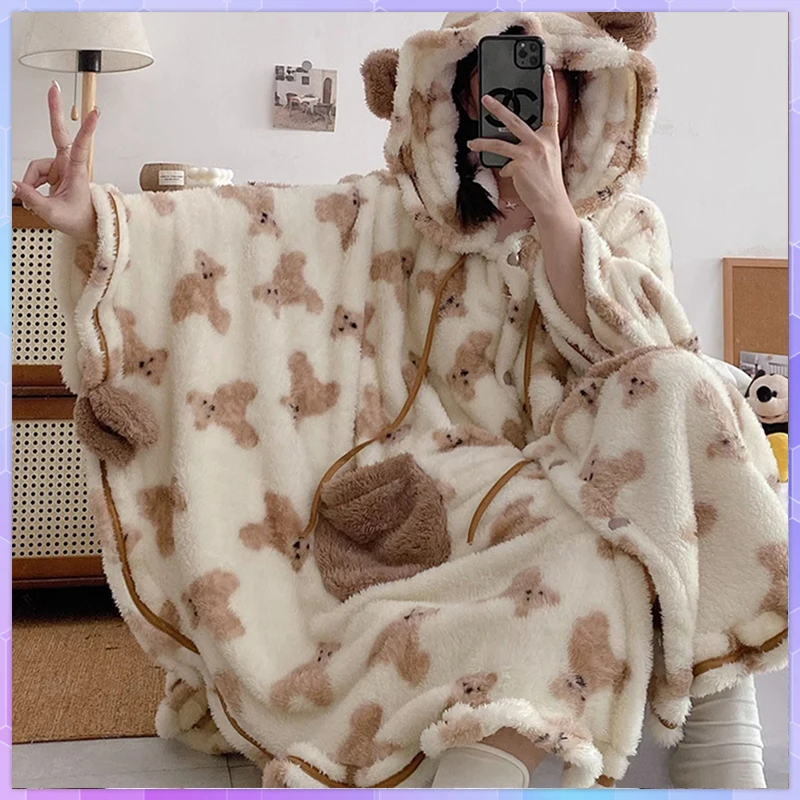 

Winter Women's Pajamas Hooded Female Robe Thickened Coral Fleece Warm Bathrobe Cute Printed Long Sleep Dress Fluffy Homewear