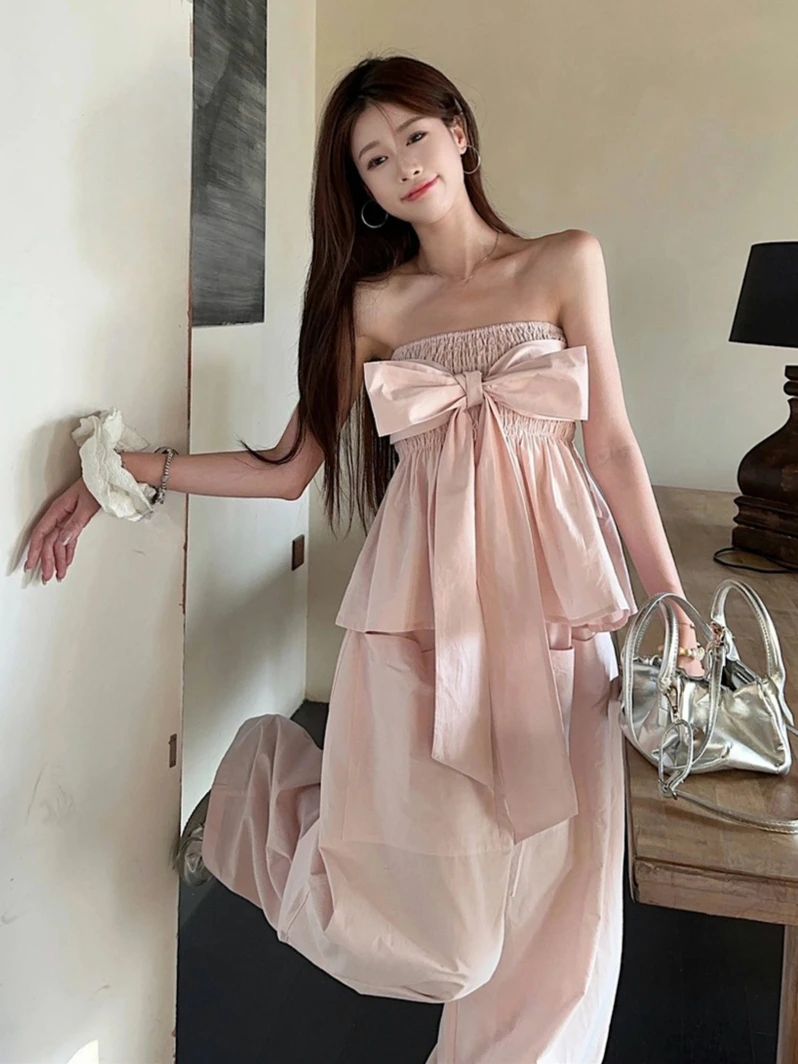 

Korean Style Bow Bandeau Tops & Pink Wide Leg Pants 2 Piece Set Summer Elegant Fashion Loose Outfit for Ladies 2026 Fashion New