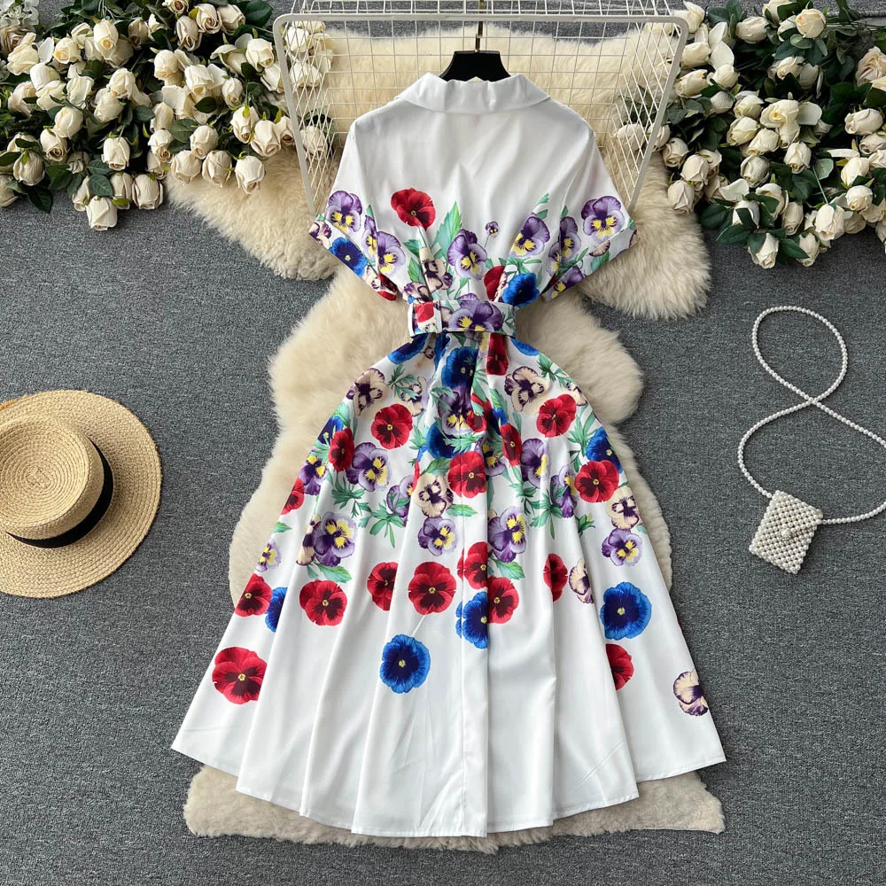 Jamerary Zomer Bloem Overhemd Jurk Dames Casual Vintage Gekerfde Kraag Korte Mouw Bloemenprint Midi Jurken Kantoorwerk Riem