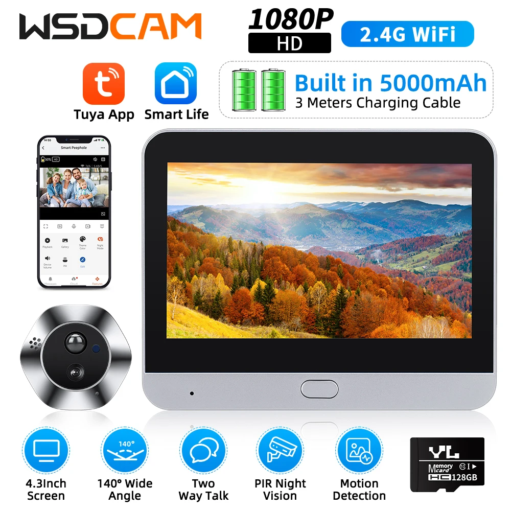 Wsdcam-Sonnette vidéo WiFi 1080P, sonnette de porte intelligente Tuya, interphone audio bidirectionnel, caméra judas vidéo sans fil, vision nocturne