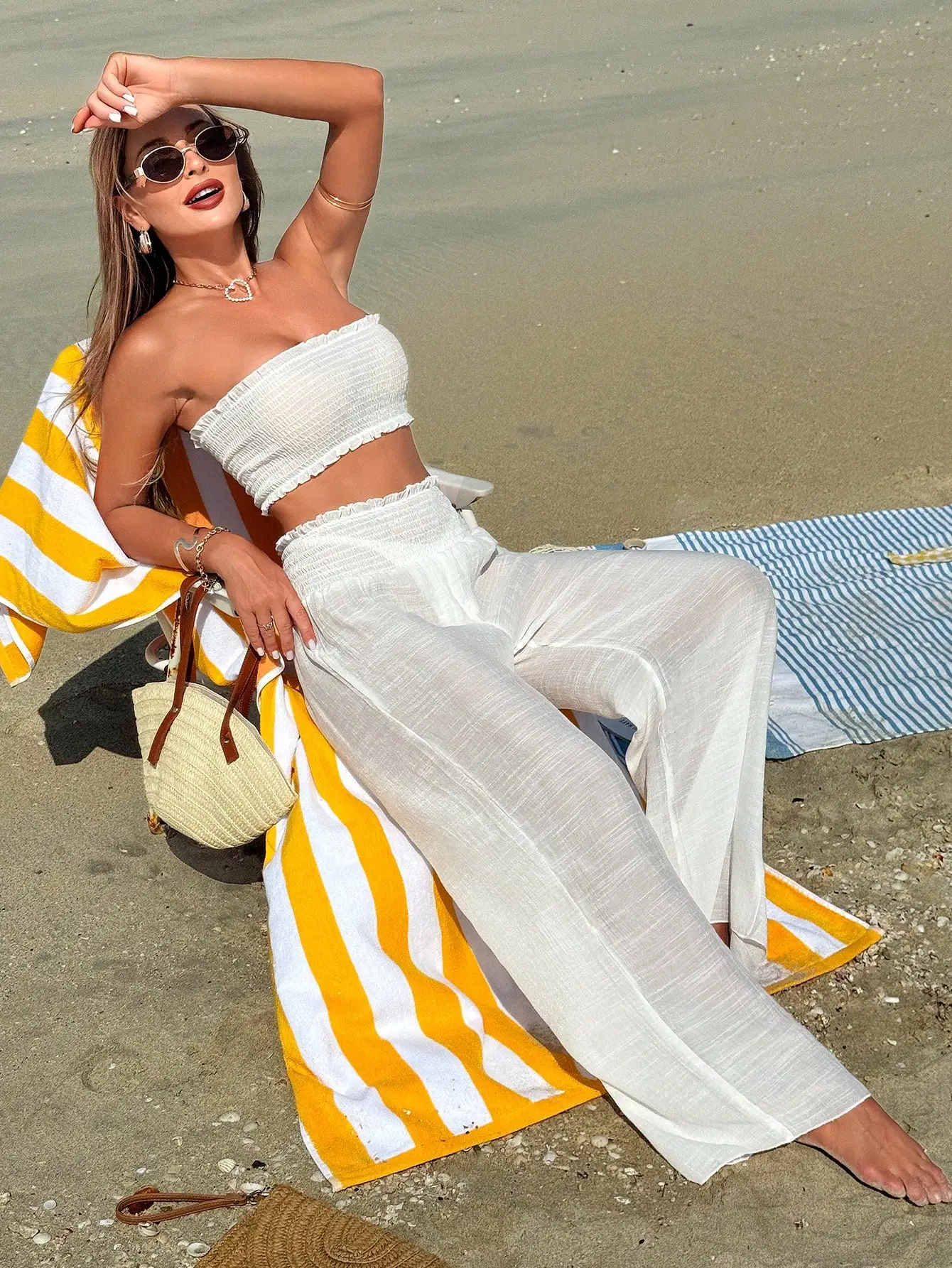 

White Ruffle Halter Crop Top And Wide Leg Pants Beach Cover Up Set For Women Summer