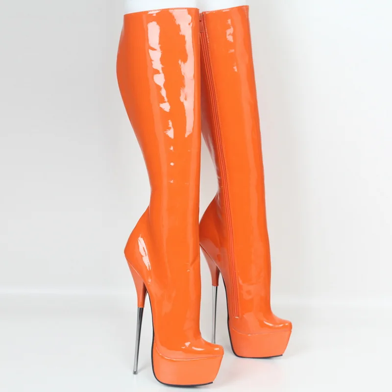 CACA 21cm Extremely High Metal Heel Women Knee Boots,Men Platforms Dance Shoes,Fetish Booties,Gothic Botas,Thick Botom,Orange