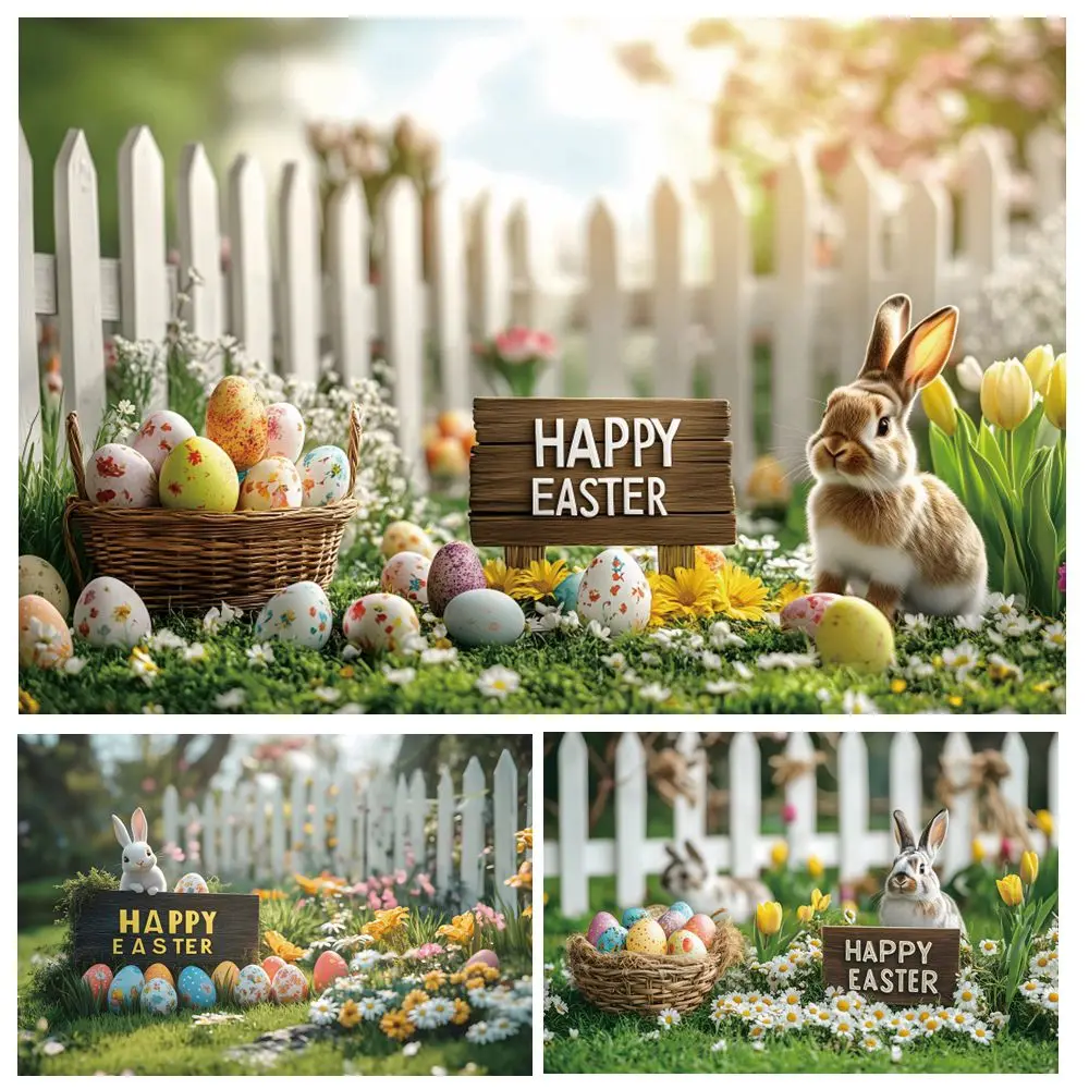 

Happy Easter Decor Backdrop for Photography Spring Garden Rabbits Eggs Flowers Grass Kids Baby Portrait Photo Background Banner