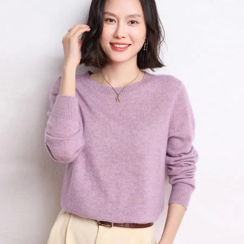 Ladies Solid Color Pullover Cashmere Sweater Women Loose Versatile Knitwear Autumn Winter Female Round Neck Short Woolen Sweater