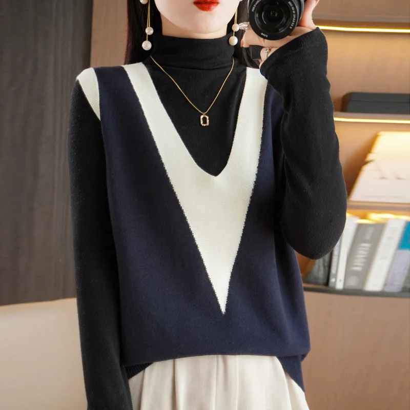 Moda Otoño Invierno suéter nuevo suelto cuello pico Color bloqueado sin mangas pulóver elegante temperamento camisa de punto suelta chaleco