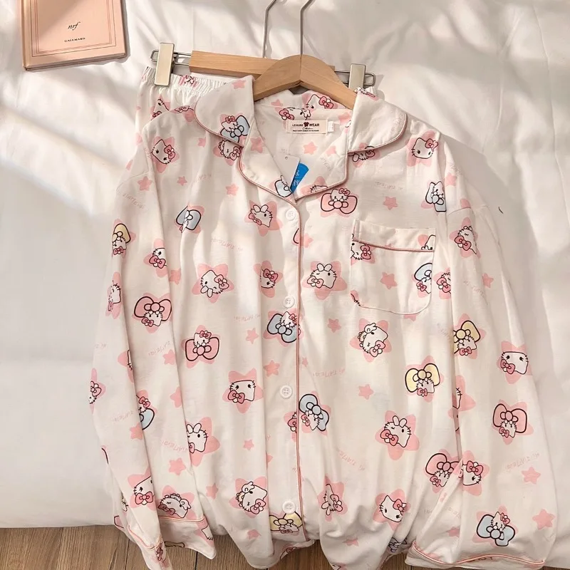 Cartoon Anime Sanrio Hello Kitty Can Be Worn Outside The Pajamas Kawaii Long-sleeved Pants Suit Loose Leisure KT Cat Homewear