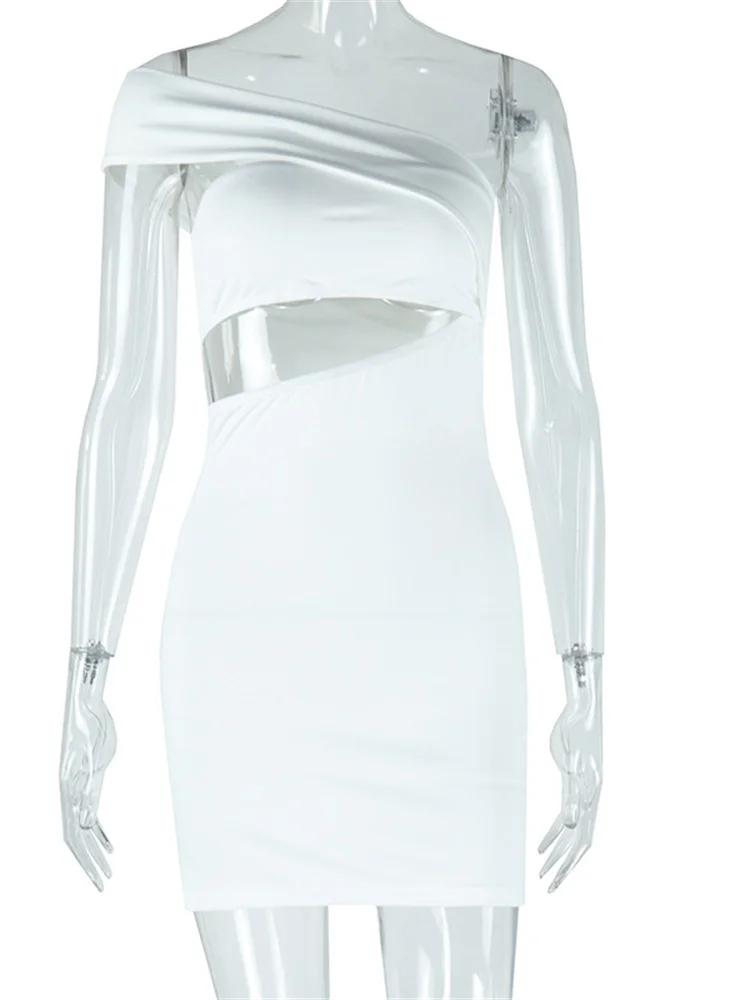 Chatte étrange robe creuse irrégulière femmes froncé col diagonale sans manches tendance minuit maigre dos nu coquette Mini moulante