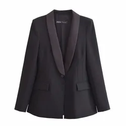 Traf formal blazer feminino outono casual textura de seda único botão bolso decoração casaco feminino chique outwear feminino blazer