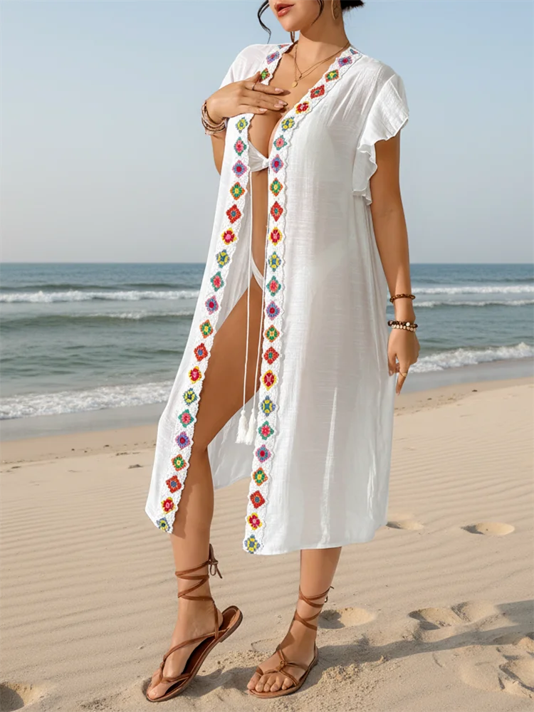 여성용 레이스 트림 비치 커버업 키모노 오픈 프론트 시스루 수영복 커버 보헤미안 스타일 여름 패션 비치웨어 드레스 2026
