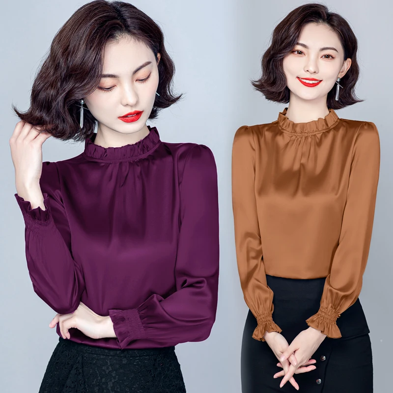 Ruffle Collar Front Pleated Satin Blouse Women Spring Basic Long Sleeve Tops Elegant Ladies Silver Gray Khaki Blouse - view 4
