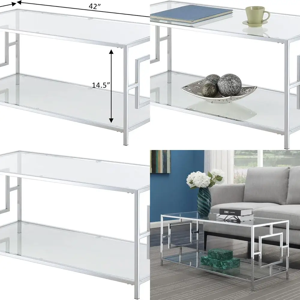 

Modern 42 Glass Top Living Room Coffee Table with Storage Shelf