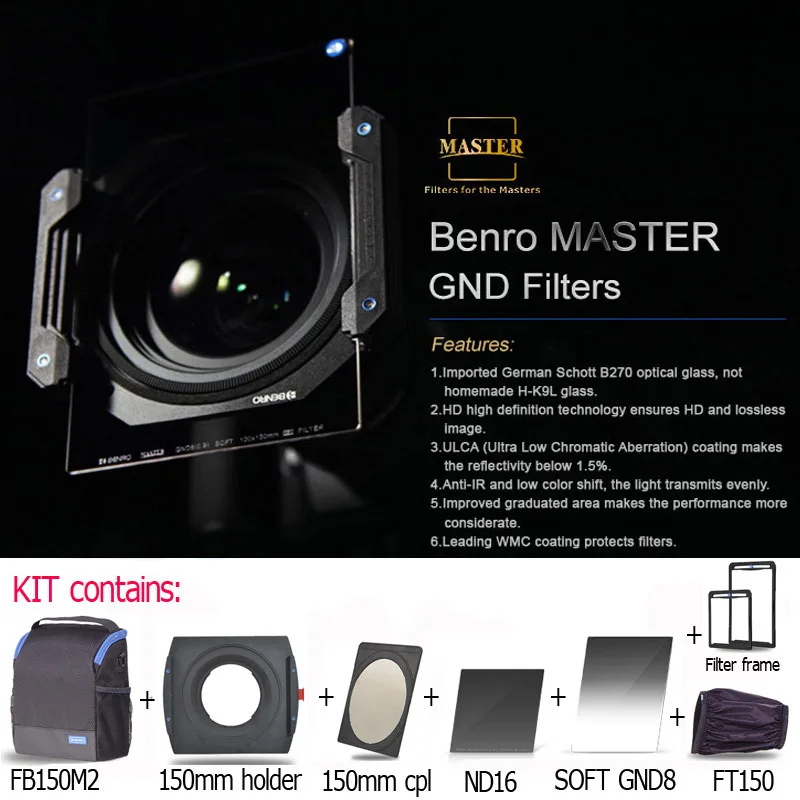 

Benro FM150M2 Filter Holder Master KIT 150mm ( Soft GND8+ND16 +MACPL150M2 +FH150M2 Holder+filter Bag) for Camera wide lens