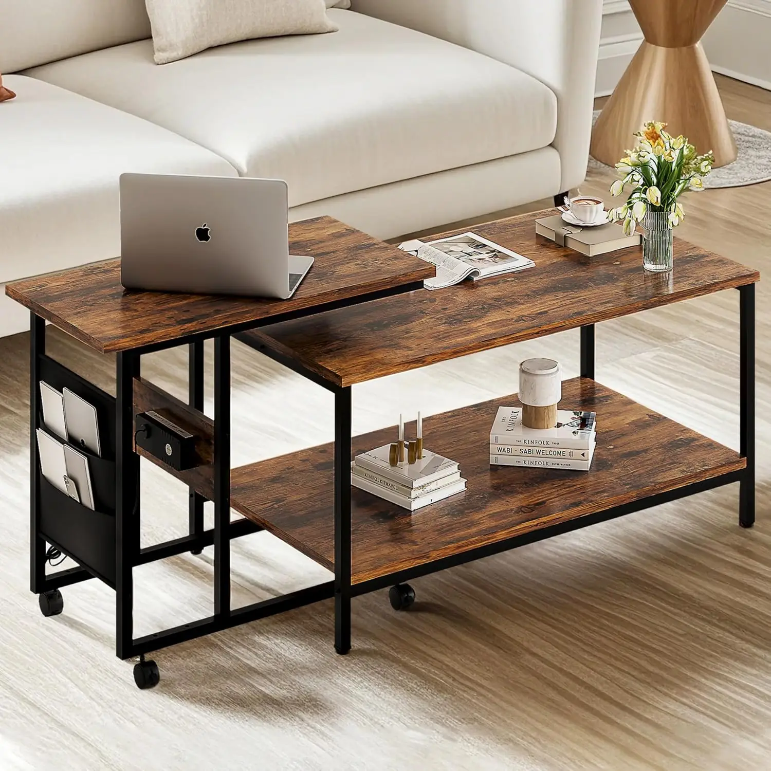 2-Piece Industrial Style Coffee Table Set - 31.5"/20" Adjustable Height Side/End Tables with USB Ports & Wheels