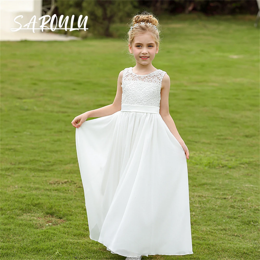 Lace O Neck Chiffon Flower Girl Dress, Manga Tanque, Uma Linha Crianças, Vestidos Formais, Maxi, Formatura, Criança