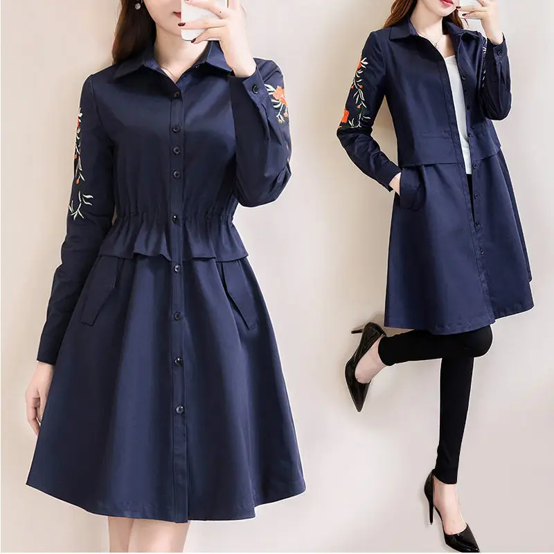 

5XL Women's Trench Coat Spring Autumn Medium Long Shirt Dress Female Embroidered Dresses Black Navy Chic Windbreaker W2702