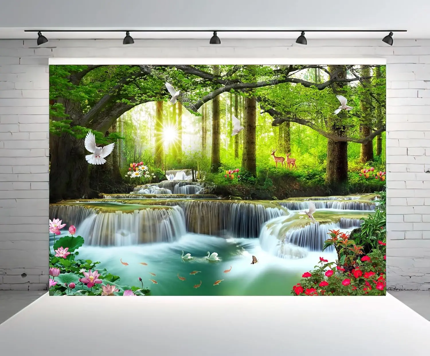 Serene Forest Waterfall Tapestry Nature Mural Wall Art Sunlight Woodland Greenery Decor Polyester Home Accent Print for Bedroom