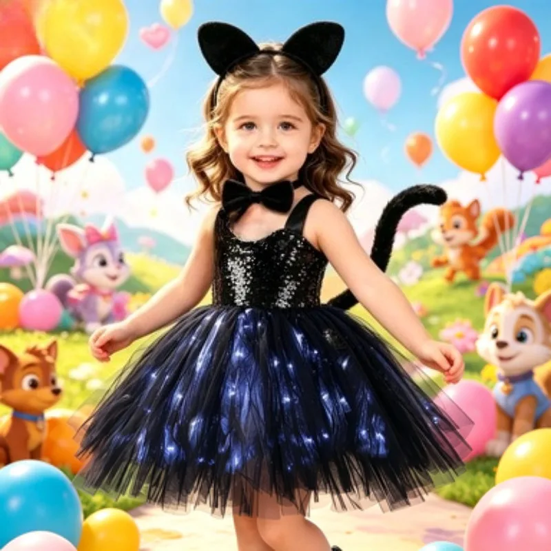 Sleeveless Girls LED Light Up Tulle Tutu Dress,  Black Cat Cartoon Printed Tulle Princess Dress, Outfit for Kids Birthday Party