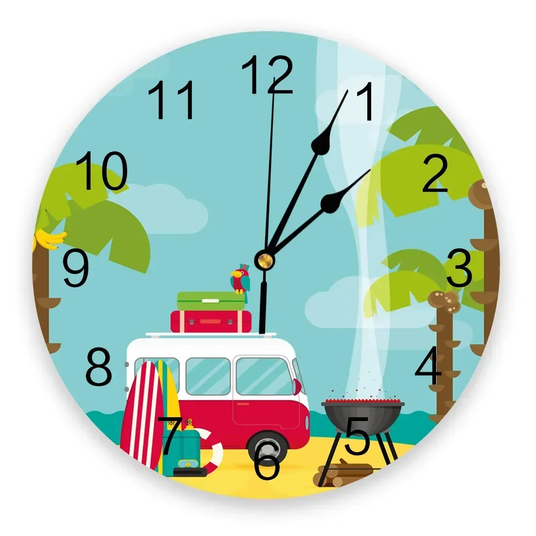 Camping Car Beach Cartoon Trees Sea Creative Wall Clock For Home Office Decoration Living Room Bedroom Kids Room Hanging Watch