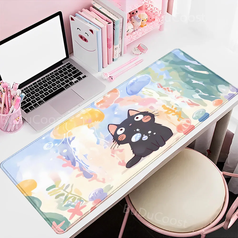 Cute Cartoon Cat Fish mouse pad Green Large Computer Keyboard Pad Natural Rubber Anti-Slip Pad Perfect Gift for Girlfriend Women