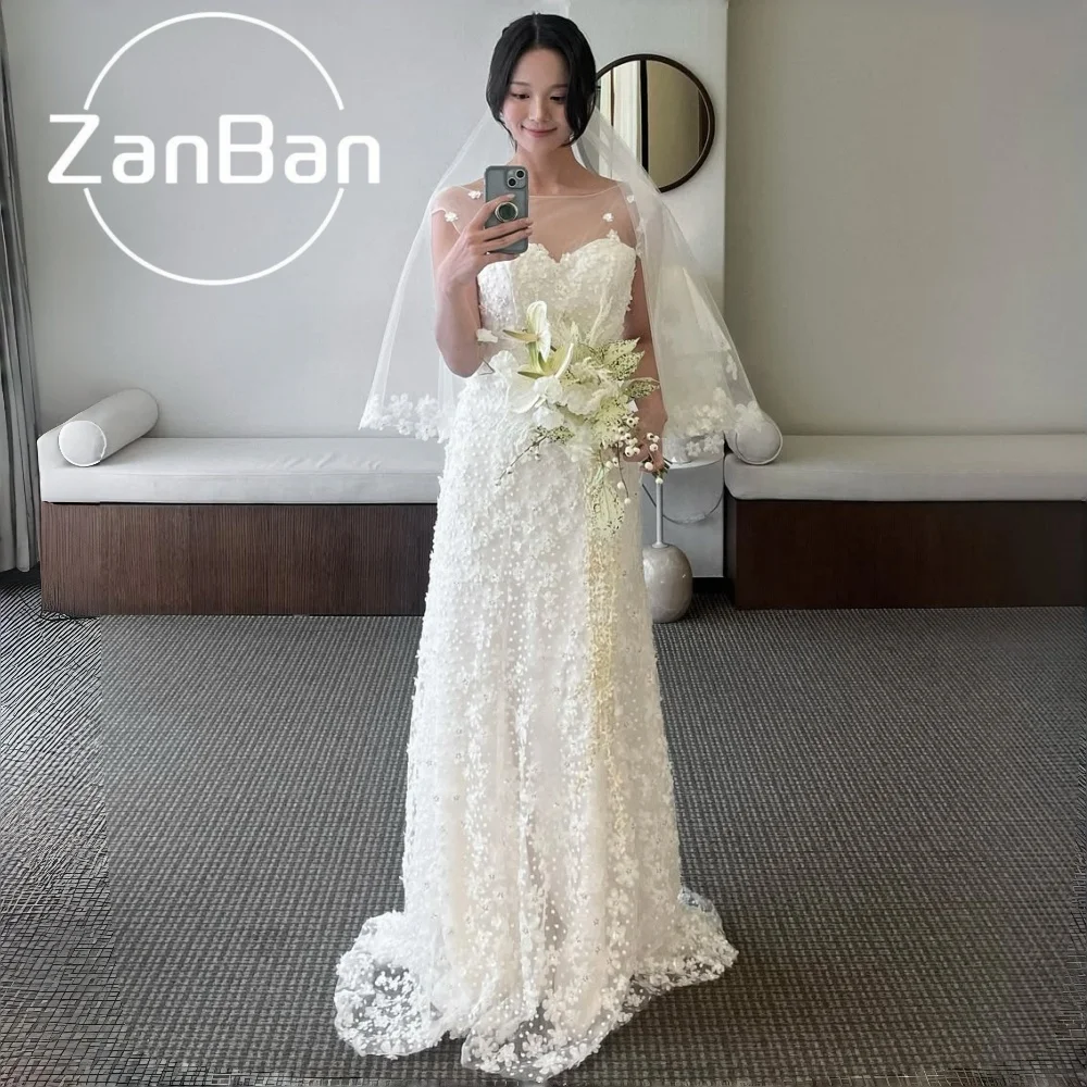Изысканное кружевное свадебное платье ZanBan с цветочным узором, драпировкой и вырезом «сердечко», А-силуэт, корейский стиль, для фотосессий и свадебных торжеств, на заказ.
