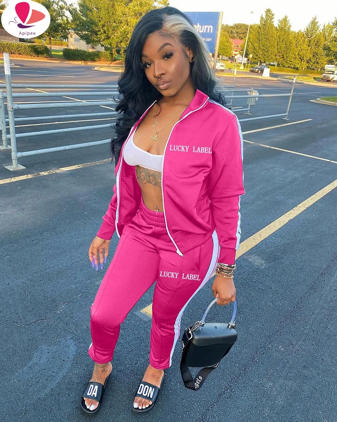 

Lucky Label 2 Two Piece Set Women Tracksuit Zip Jacket Sweatshirt Side Stripe Pants Sweatsuits Sport Loungewear Outfits New