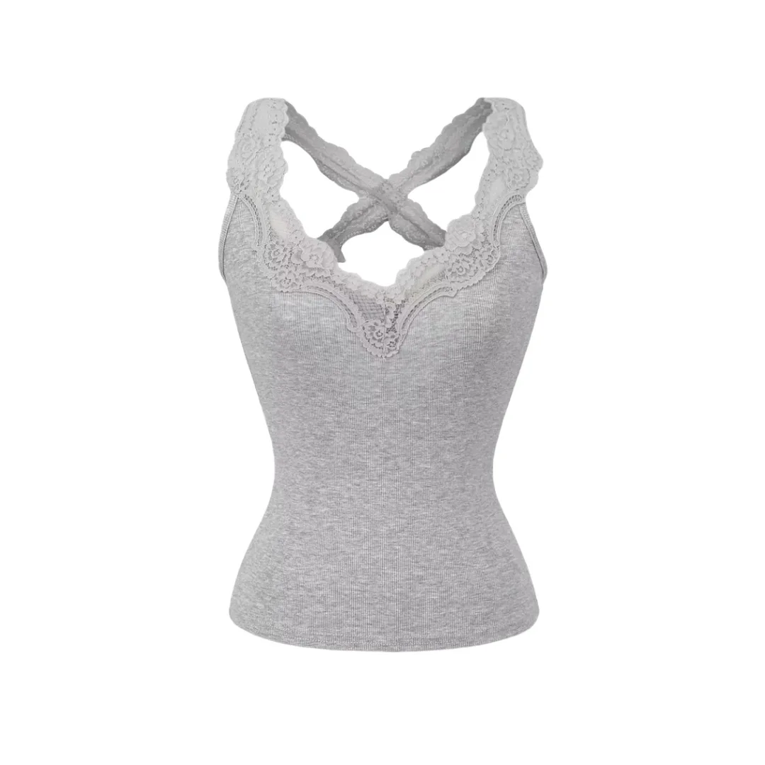 Damska kamizelka bez rękawów z krzyżową koronką i prążkowaną kamizelką