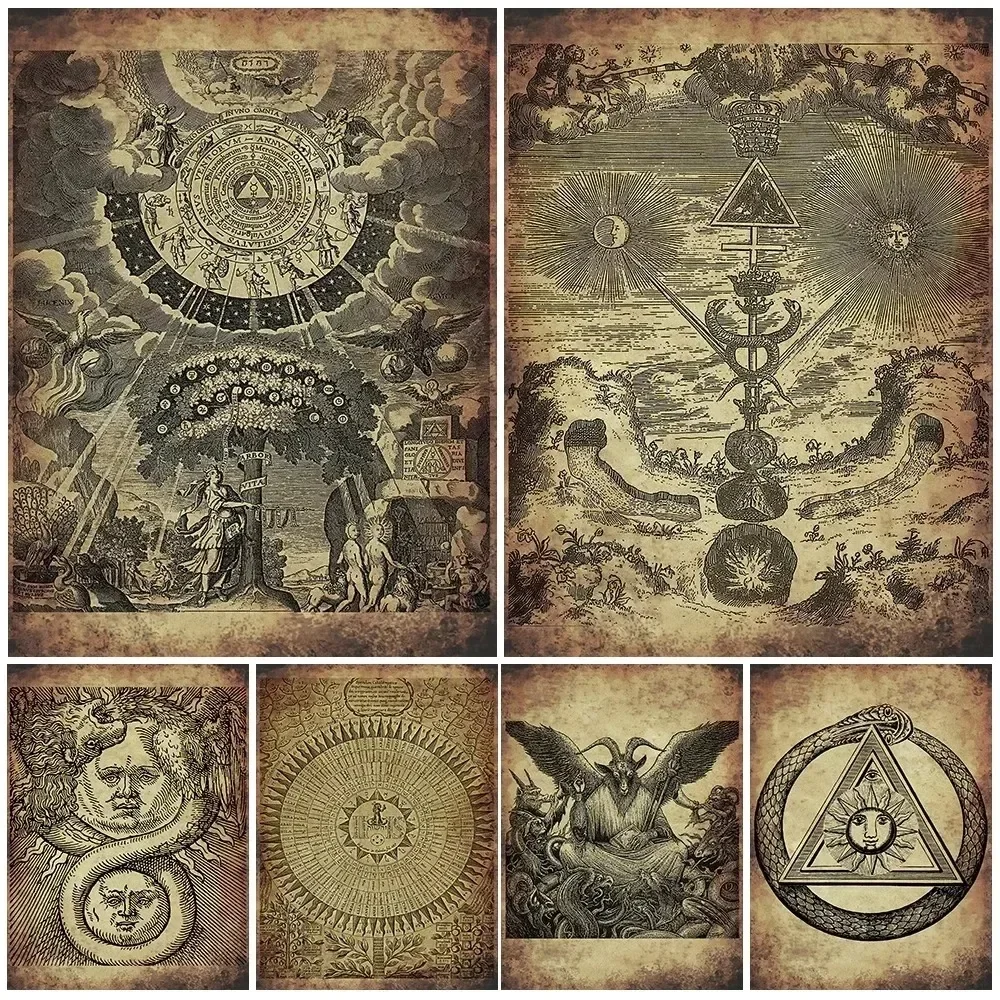 فن جداري سحري سحري قديم تجريدي ، طباعة ملصق قماشي ، ديكور غرفة المنزل ، Spir فريد ، غموض باطني #1