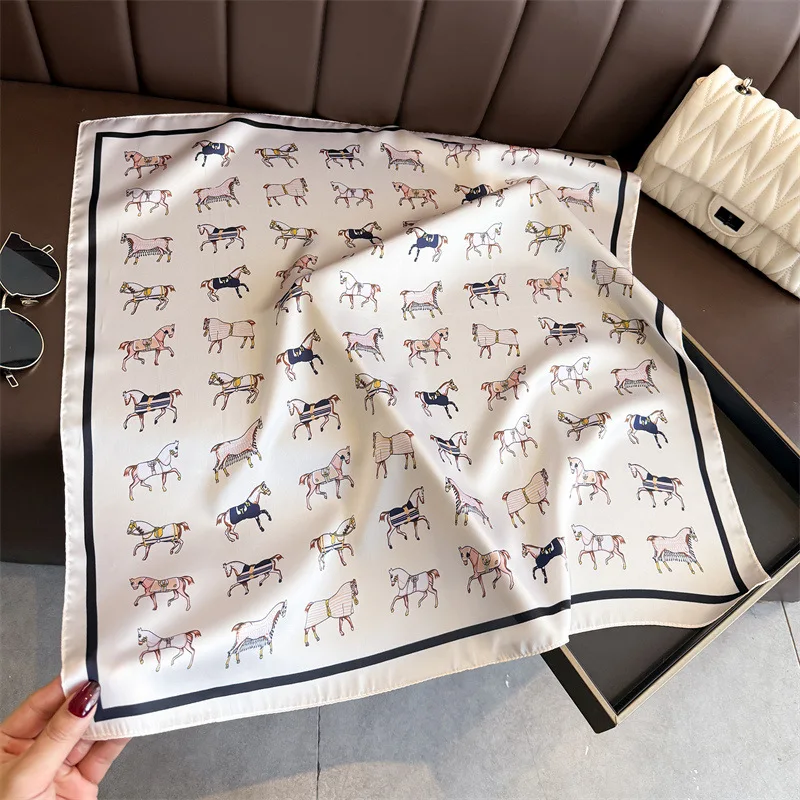 Luxury Horse Print Female Satin Neck Scarf Square Hair Scarves Foulard Head Band Shawls Wraps Neckerchief Bandana Women
