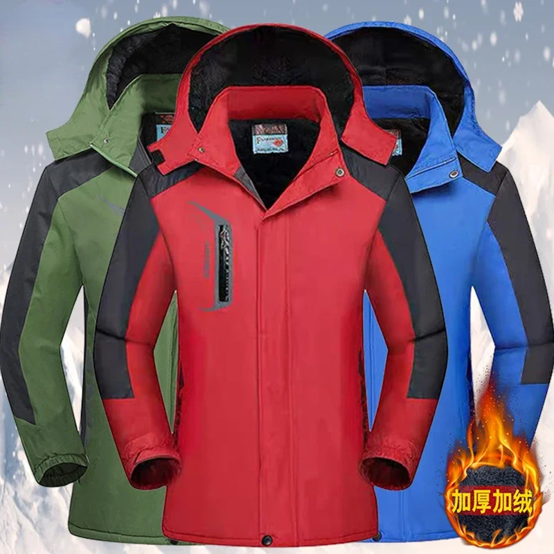 Unisex Winter Warm Fleece Windbreaker Waterproof Outdoor Climbing Camping Hiking Jackets Men Hooded Raincoat Thermal Parkas