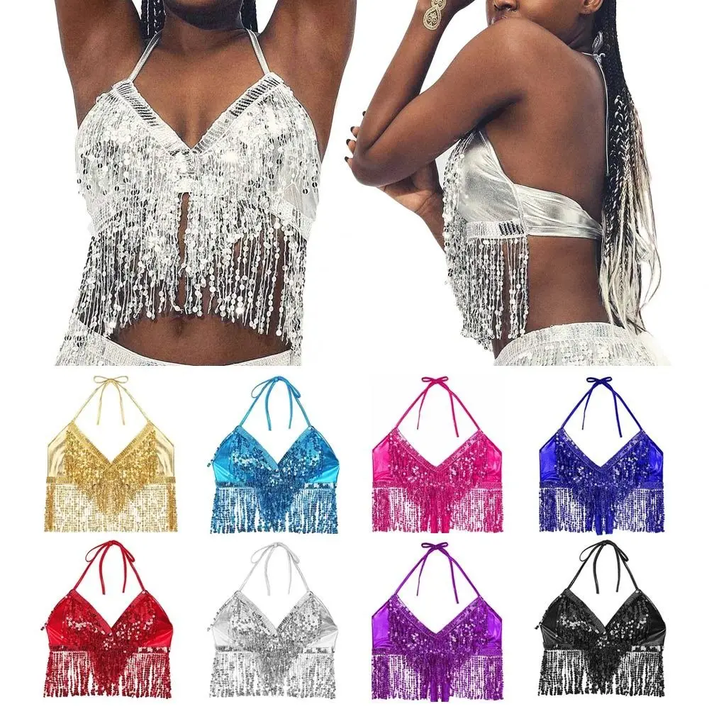 Top con flecos y lentejuelas para danza del vientre, sujetador Halter para actuación en club nocturno, Ropa de baile