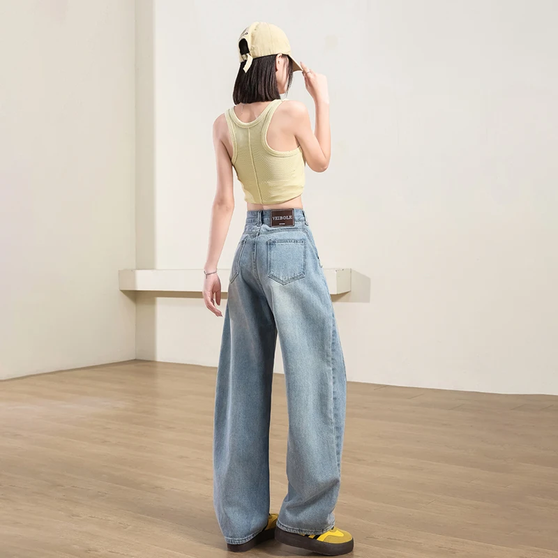 Jeans da donna Y2k Jeans vestibilità ampia azzurro anti sbiadimento pantaloni falce nuovo stile semplice orlo curvo dimagrante lunghezza del pavimento fluida