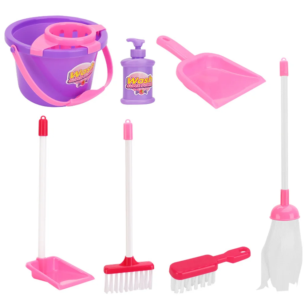 7 Pcs Toy Cleaning Mopping Set Children Tools Role Play Toys Pretend Pink Small