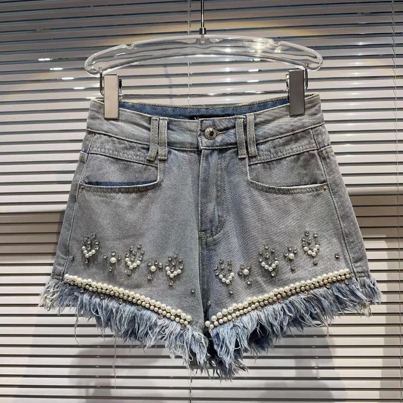 

Heavy industry nail bead inlaid diamond irregular rough edge wide leg denim ultra short hot pants women's high waisted pants